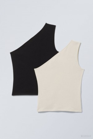 Weekday 2-pack Cindy One Shoulder Tank Top Black Beige | KBLH7924