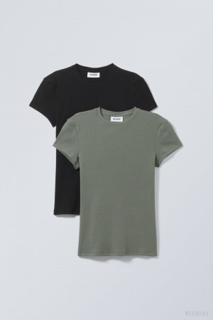 Weekday 2-pack Close Fitted Rib T-shirt Black / Khaki | CHXI9359