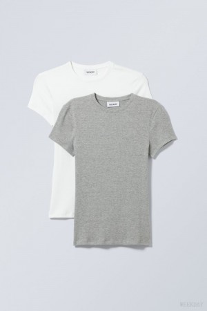 Weekday 2-pack Close Fitted Rib T-shirt White Grey | UCBK0373