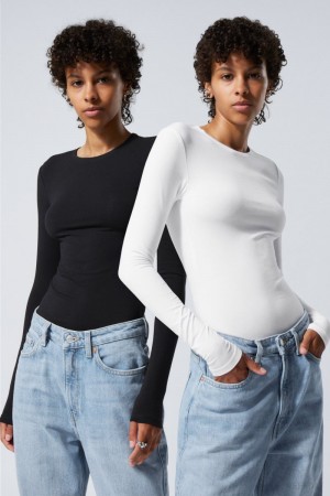 Weekday 2-pack Slim Fitted Long Sleeves Black / White | TZOO3951