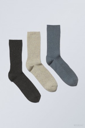 Weekday 3-pack Rib Neps Socks Black Beige Blue | GXHX4286