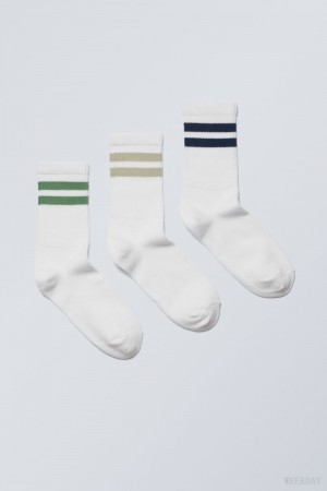 Weekday 3-pack Sport Striped Socks Green Khaki Black Stripes | TBTH6418