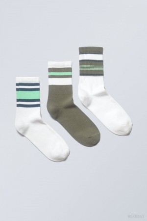 Weekday 3-pack Striped Sport Socks Green Stripes | IGSN7218