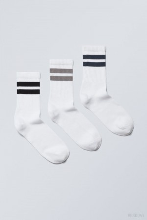 Weekday 3-pack Striped Sport Socks Grey Navy Black Stripes | TBHK8230