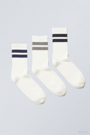 Weekday 3-pack Striped Sport Socks Grey Navy Black Stripes | UGEZ7345