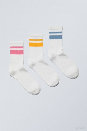 Weekday 3-pack Striped Sport Socks Pink Yellow Blue Stripes | SODU4975