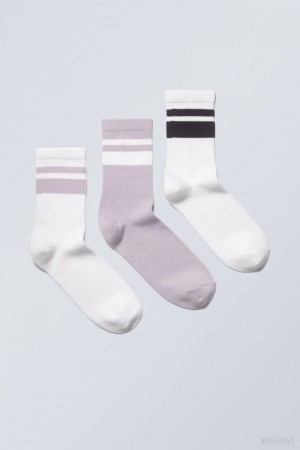 Weekday 3-pack Striped Sport Socks Purple Black Stripes | YUVI5514