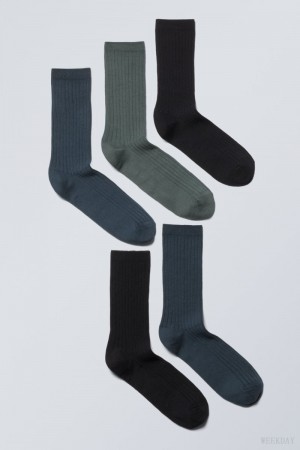 Weekday 5-pack Rib Socks Dark Grey Blue Green | RETE9473