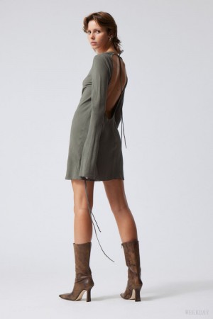 Weekday Bella Mini Dress Khaki Green | NRXZ0059