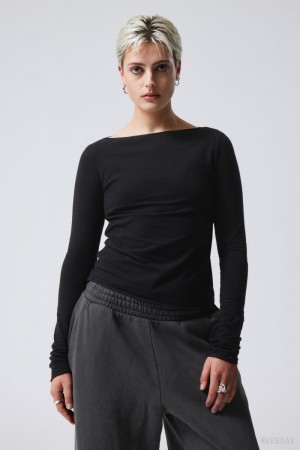 Weekday Boatneck Cotton Longsleeve Black | BMIZ4893