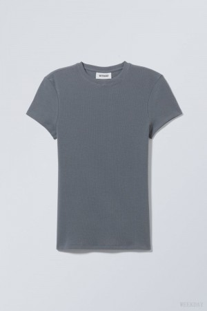 Weekday Close Fitted Rib T-Shirt Dark Grey | DGXM9405