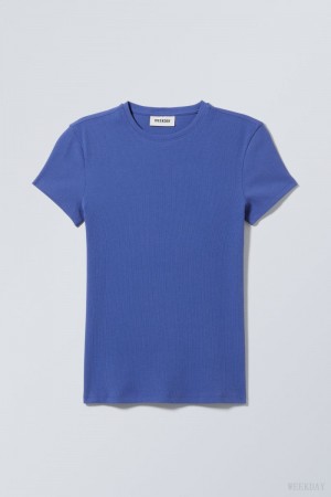 Weekday Close Fitted Rib T-Shirt Deep Blue | DYGX3975