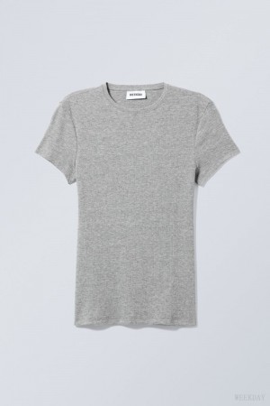 Weekday Close Fitted Rib T-Shirt Grey | LLSX8087