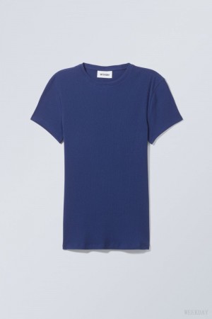 Weekday Close Fitted Rib T-Shirt Navy Blue | LZJV4076