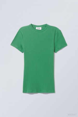 Weekday Close Fitted Rib T-Shirt Turquoise Green | EJFN9051