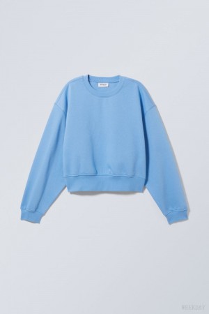 Weekday Crop Volume Sweatshirt Light Blue | QRTS8476