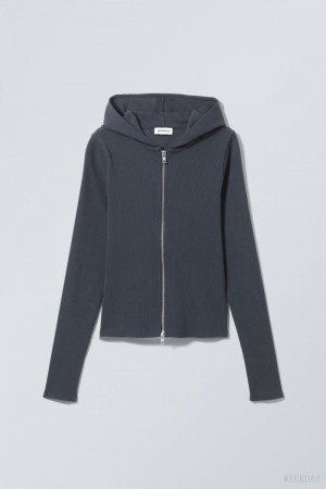 Weekday Cut Tight Zip Hoodie Dark Blue | XLSU5953