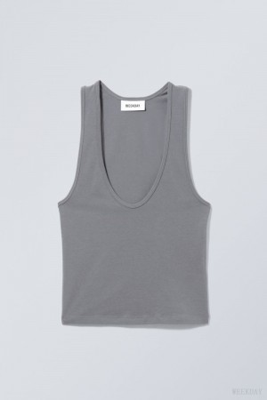 Weekday Deep U-Neck Tank Top Dark Grey | VOUB7410