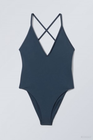 Weekday Deep V-neck Swimsuit Navy | SNFV6120