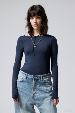 Weekday Gizem Open Back Long Sleeve Top Dark Blue | CBTE0745