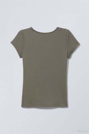 Weekday Gizem Open Back T-shirt Dark Khaki Green | PEKV9744