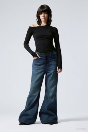 Weekday Grove Low Baggy Flared Jeans Blue | OPUP0723