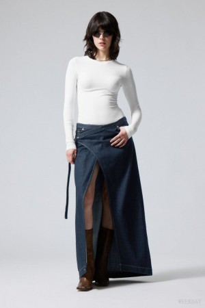 Weekday Main Denim Long Wrap Skirt Blue | VGZZ5156