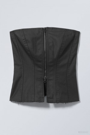 Weekday Meggie Coated Zip Corset Black | DRPR7587