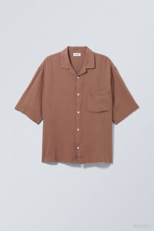 Weekday Oversized Linen Short Sleeve Shirt Brown | WJEW2606