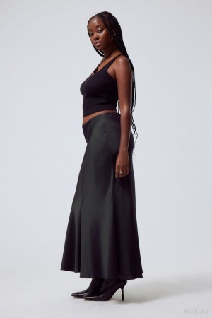 Weekday Paige Satin Long Skirt Black | LGGX8700