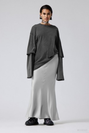 Weekday Paige Satin Long Skirt Light Grey | UQQJ3687