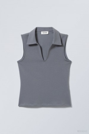 Weekday Phoebe Polo Top Dark Grey | SNOM4045