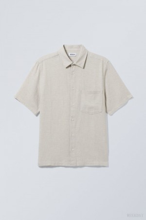 Weekday Relaxed Linen Short Sleeve Shirt Ecru | IIGK6590