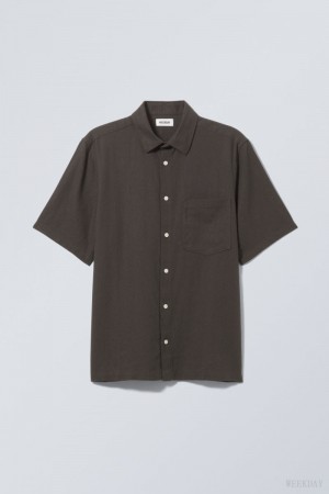 Weekday Relaxed Linen Short Sleeve Shirt Black | YYPD4893