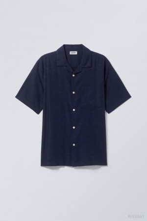 Weekday Relaxed Resort Short Sleeve Shirt Dark Blue | QNEX0413