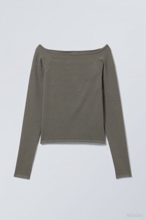 Weekday Seamless Off Shoulder Long Sleeve Khaki | KUJC3342