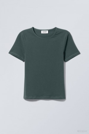 Weekday Slim Fitted T-shirt Dark Green | ZDQN8448