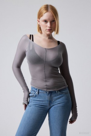 Weekday Yen Sheer Longsleeve Top Grey | EOQJ4083