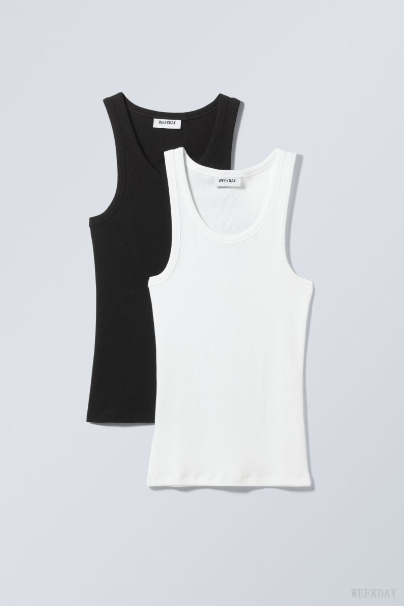 Weekday 2-pack Close Fitted Rib Tank Top Blk&Wht | PJCO7108