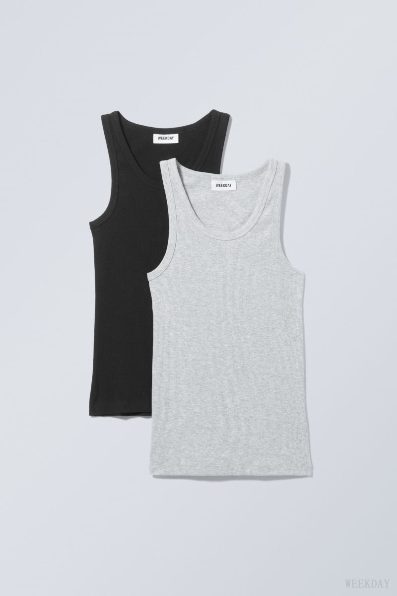 Weekday 2-pack Close Fitted Rib Tank Top Black Grey | APIS8851