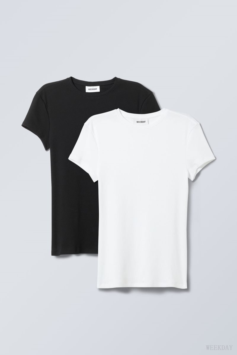 Weekday 2-pack Close Fitted Rib T-shirt Blk & wht | TAAH1946