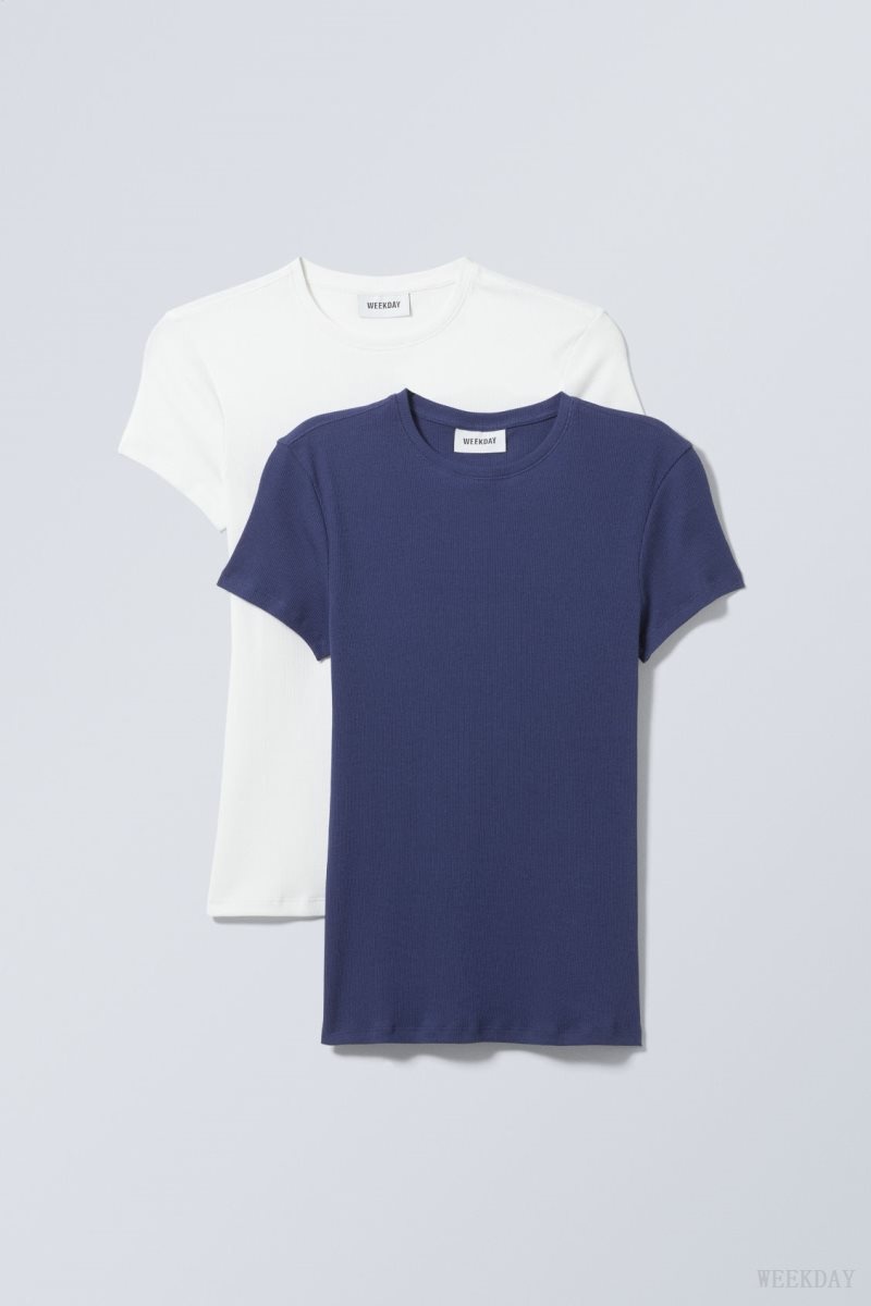 Weekday 2-pack Close Fitted Rib T-shirt White Blue | XAYM8920