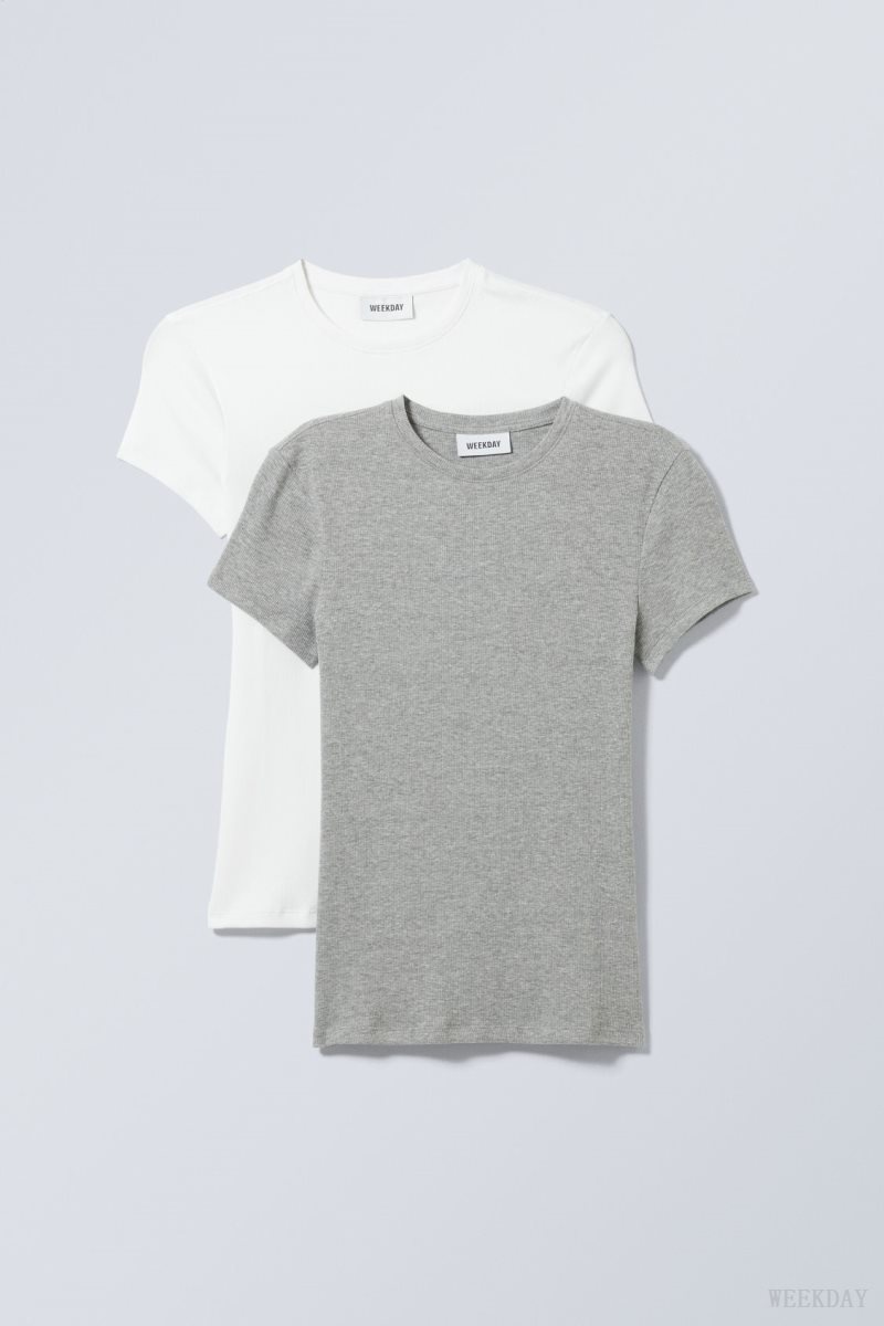 Weekday 2-pack Close Fitted Rib T-shirt White Grey | UCBK0373