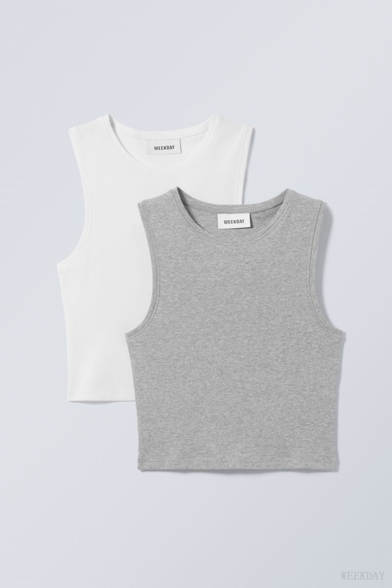 Weekday 2-pack Pure Crop Tank Top Grey White | MQDB5336