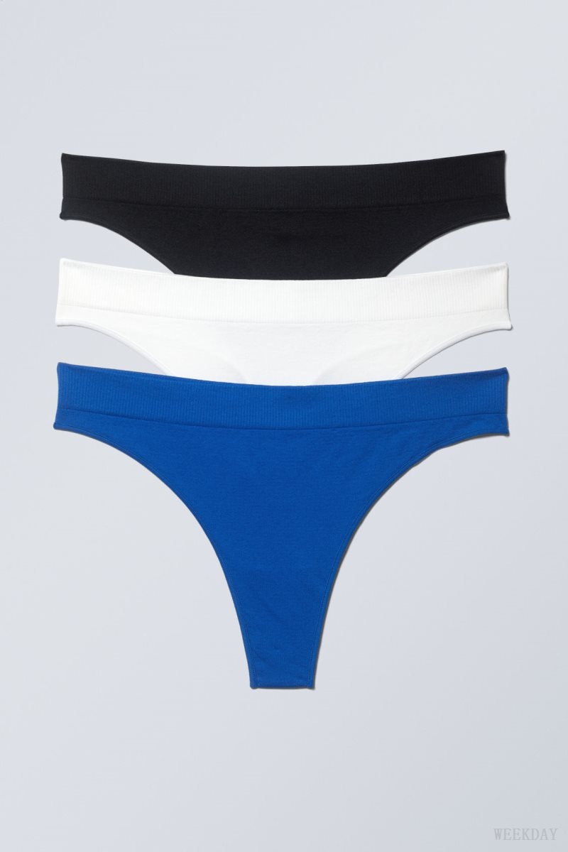 Weekday 3-pack Cat Soft Thong Thong Black White Blue | BQYY3157