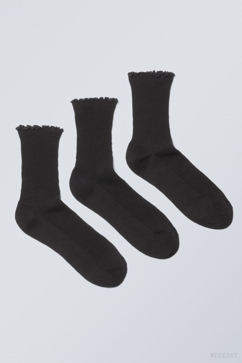 Weekday 3-pack Frill Edge Socks Black | FKLB8011