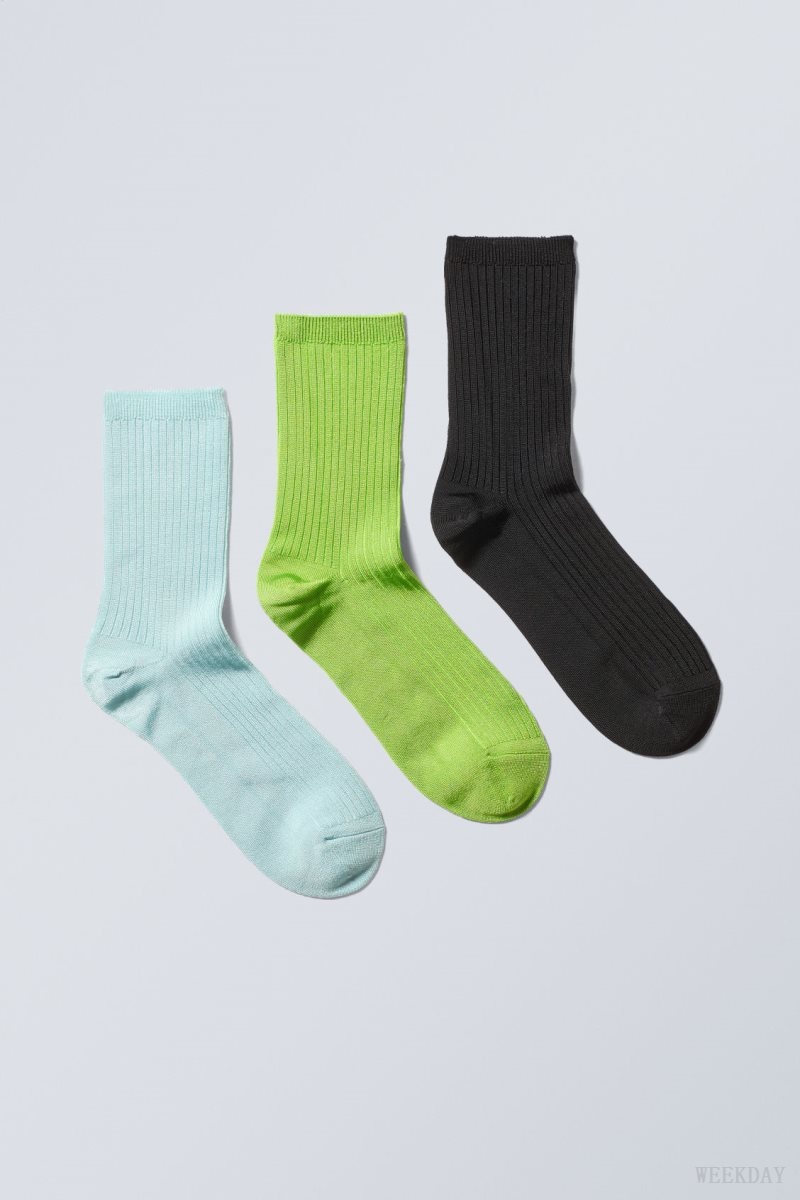 Weekday 3-pack Lova Shiny Socks Blue Green Black | OWZA4203