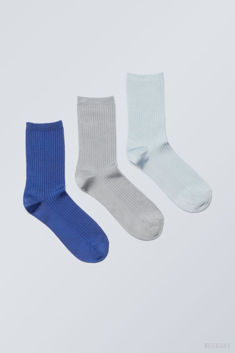 Weekday 3-pack Lova Shiny Socks Blue Grey | KQHQ9053