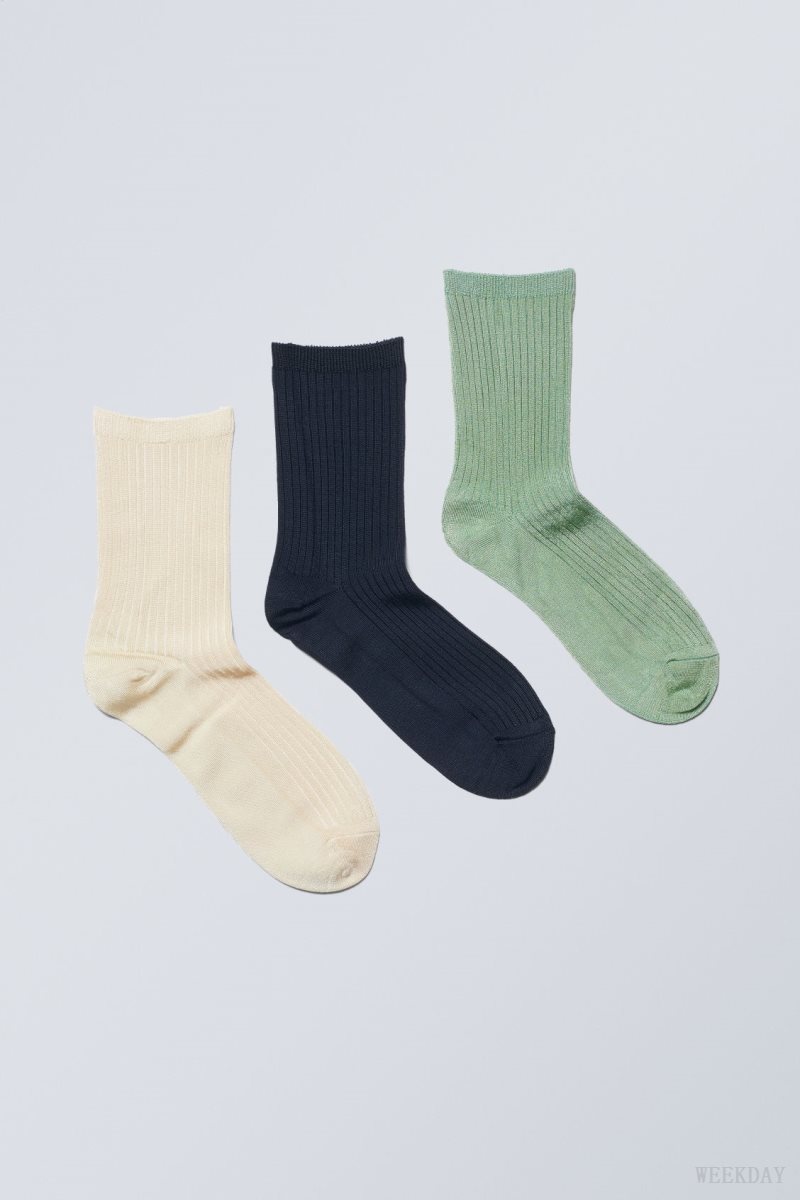 Weekday 3-pack Lova Shiny Socks Cream Navy Green | BBSV7706