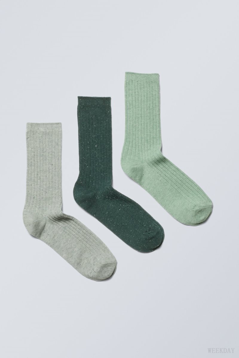 Weekday 3-pack Rib Neps Socks Green | LZJF5119